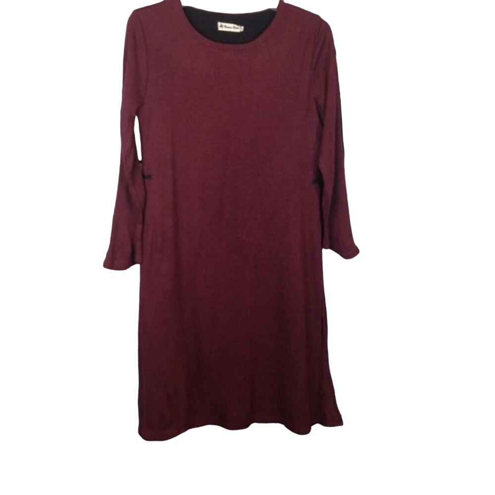 Women Home Long Sleeve Striped Midi Dress Midi Burgundy Knit Pullover Lined XL